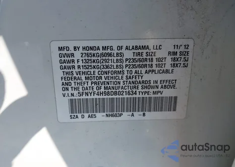 2013 Honda Pilot Touring from USA, damaged, VIN 5FNYF4H98DB021634